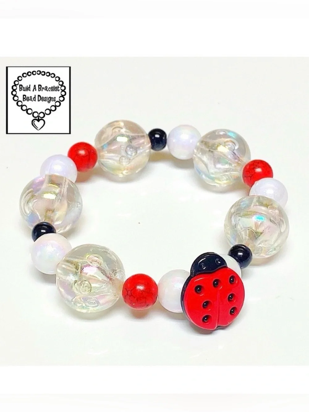 Handmade Pearl Bead Stretch Bracelet with Ladybug Charm (Girls)
